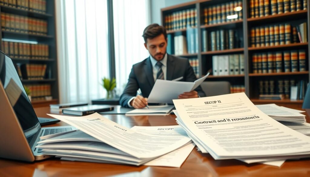 A professional office environment showcasing official documents related to SECOP II in Colombia. In the foreground, a neatly arranged desk with various standardized forms like contracts and bid proposals, all printed on official letterhead. A laptop is open next to a stack of completed documents. In the middle ground, a professional-looking individual, dressed in smart business attire, attentively reviewing a document with a pen in hand. The background features shelves filled with law books and regulatory guidelines, with soft natural light filtering through a window, creating a warm and focused atmosphere. The scene conveys a sense of diligence and professionalism in handling supplier documentation. A professional office environment showcasing official documents related to SECOP II in Colombia. In the foreground, a neatly arranged desk with various standardized forms like contracts and bid proposals, all printed on official letterhead. A laptop is open next to a stack of completed documents. In the middle ground, a professional-looking individual, dressed in smart business attire, attentively reviewing a document with a pen in hand. The background features shelves filled with law books and regulatory guidelines, with soft natural light filtering through a window, creating a warm and focused atmosphere. The scene conveys a sense of diligence and professionalism in handling supplier documentation.