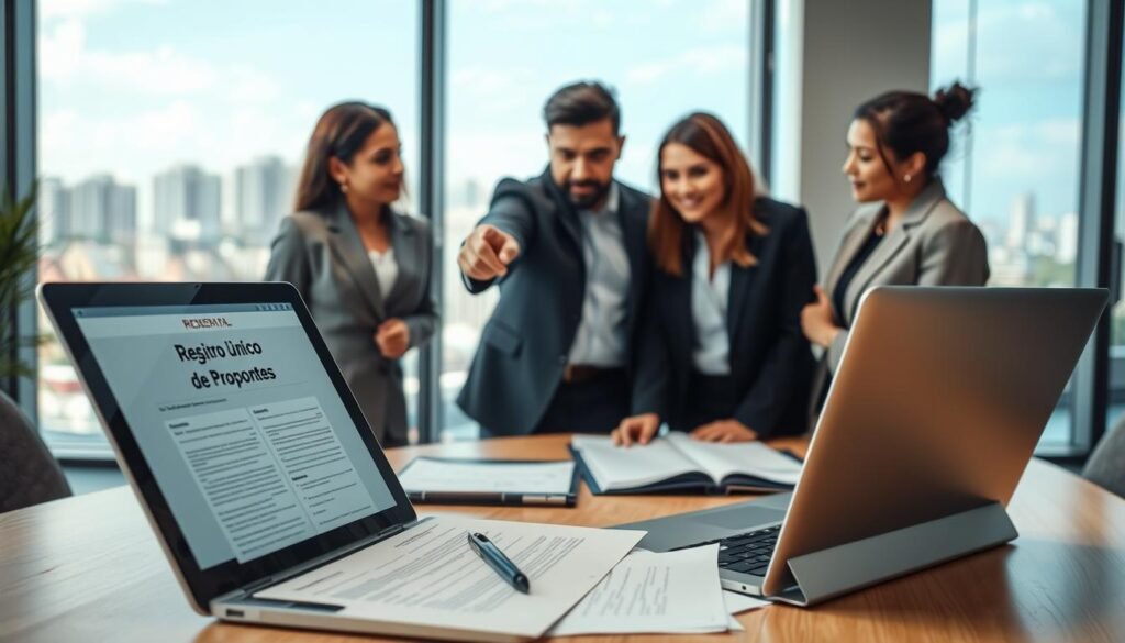 A professional office environment showcasing the concept of "Registro Único de Proponentes" in Colombia. In the foreground, an open laptop displaying digital documents related to registration, surrounded by neatly organized paperwork and a pen. In the middle, a diverse group of three professionals in business attire, engaged in discussion, pointing at the laptop screen with focused expressions, conveying teamwork. The background features a blurred view of an office window with a city skyline, ensuring a sense of contemporary business atmosphere. Soft, natural lighting illuminates the scene, creating a warm and inviting mood. The angle is slightly above eye level, emphasizing the collaboration and importance of document presentation in the registration process.