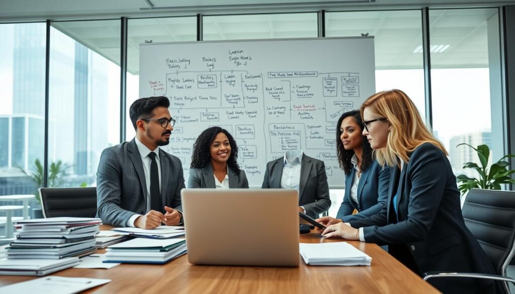 A professional office environment showcasing the intricacies of public administration. In the foreground, a diverse group of three professionals, a Latino man, a Black woman, and a Caucasian woman, dressed in smart business attire, are engaged in a discussion at a large conference table filled with stacks of documents, laptops, and digital devices. The middle layer features a whiteboard filled with flowcharts, diagrams, and notes illustrating project timelines and procedures. In the background, large windows allow natural light to flood the room, illuminating modern office decor and cityscape views. The atmosphere is focused yet collaborative, conveying a sense of urgency and determination in navigating complex bureaucratic processes. The lighting is bright, highlighting the subjects' expressions of concentration and teamwork, and the angle captures both the details of the workspace and the engaged professionals.