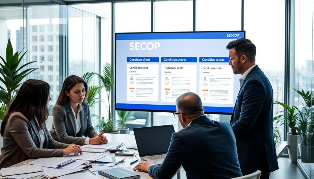 A professional office environment showcasing the process of public procurement in Colombia. In the foreground, a diverse group of three businesspeople, one woman and two men, are engaged in a discussion around a table cluttered with documents, charts, and a laptop. They are dressed in formal business attire, with focused expressions. The middle ground features a large screen displaying graphics of SECOP (Sistema Electrónico de Contratación Pública) and condition sheets. The background shows a modern office with glass walls, plants, and a city skyline visible through the window, bathing the scene in natural light. The atmosphere is collaborative and dynamic, emphasizing professionalism and teamwork in the procurement process. A professional office environment showcasing the process of public procurement in Colombia. In the foreground, a diverse group of three businesspeople, one woman and two men, are engaged in a discussion around a table cluttered with documents, charts, and a laptop. They are dressed in formal business attire, with focused expressions. The middle ground features a large screen displaying graphics of SECOP (Sistema Electrónico de Contratación Pública) and condition sheets. The background shows a modern office with glass walls, plants, and a city skyline visible through the window, bathing the scene in natural light. The atmosphere is collaborative and dynamic, emphasizing professionalism and teamwork in the procurement process.