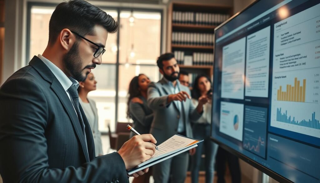 A professional office environment with a diverse group of individuals analyzing contract results on a large screen. In the foreground, a close-up of a focused male analyst in a crisp business suit, jotting down key points on a notepad, surrounded by charts and graphs illustrating contract metrics. In the middle, colleagues of various ethnicities engage in discussion, pointing at highlighted sections of digital contracts displayed on a sleek monitor. The background features shelves with legal books and neatly organized documents, adding depth to the setting. Soft, natural lighting comes from large windows, creating a collaborative atmosphere. The overall mood is one of concentration and teamwork, highlighting the importance of contract interpretation in a professional context.
