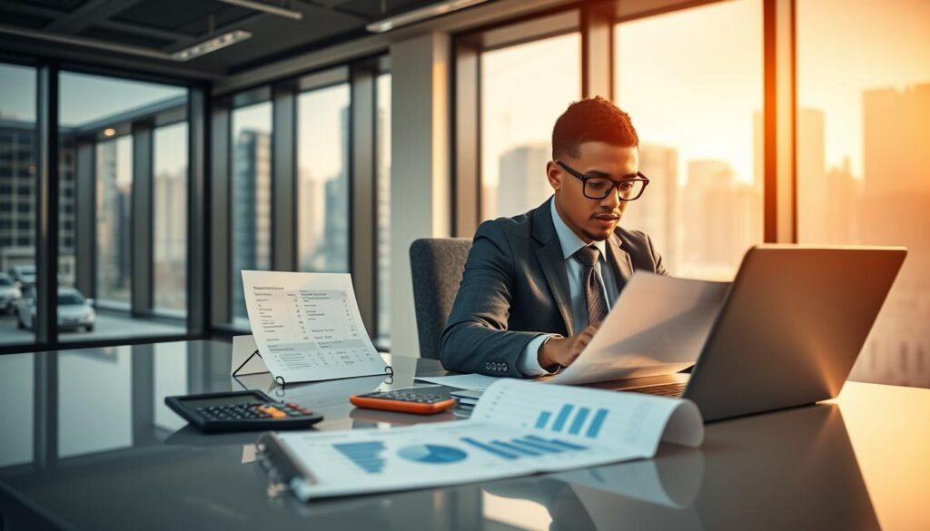 A professional office environment with a focus on a modern digital workspace for providers. In the foreground, a well-dressed business professional, a diverse individual in formal attire, is seated at a sleek desk, engaged in examining documents on a laptop. In the middle ground, essential items like a calculator, notepad, and charts showcasing different offers from suppliers can be seen, adding context of comparison. The background features large windows letting in natural light that brightens the space, with a view of an urban skyline that subtly suggests a corporate atmosphere. The lighting is warm and inviting, creating a productive yet calm mood, emphasizing the importance of careful deliberation in supplier evaluation. A professional office environment with a focus on a modern digital workspace for providers. In the foreground, a well-dressed business professional, a diverse individual in formal attire, is seated at a sleek desk, engaged in examining documents on a laptop. In the middle ground, essential items like a calculator, notepad, and charts showcasing different offers from suppliers can be seen, adding context of comparison. The background features large windows letting in natural light that brightens the space, with a view of an urban skyline that subtly suggests a corporate atmosphere. The lighting is warm and inviting, creating a productive yet calm mood, emphasizing the importance of careful deliberation in supplier evaluation.