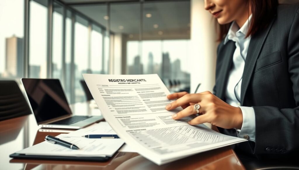 A professional office scene representing the "registro mercantil" process. In the foreground, a business professional, dressed in smart business attire, is reviewing a document with a clear focus on the details of a registration form. The middle ground features a desk cluttered with legal paperwork, a laptop, and a stylish pen, indicative of formal business activities. In the background, a glass-paneled office space shows a faint view of a city skyline, suggesting a modern business environment. Soft, natural lighting illuminates the scene, creating a warm and inviting atmosphere. The angle captures the depth of the office setup, emphasizing the importance of the registral services being utilized. The mood is professional and focused, encouraging a sense of diligence and commitment to regulatory compliance.