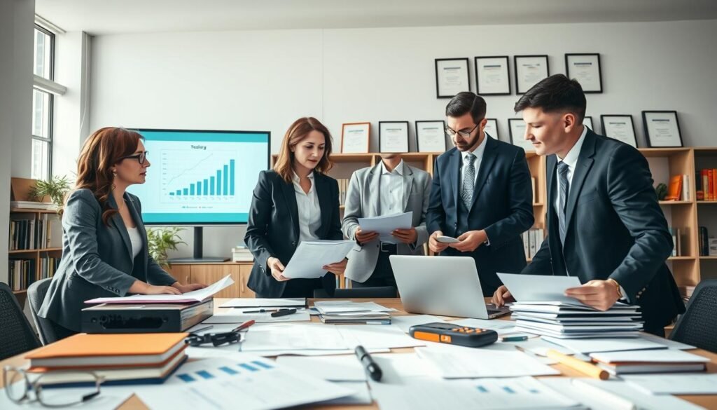 A professional office setting centered around administrative management and consultancy. In the foreground, a diverse group of three business professionals, two women and one man, dressed in smart business attire, are engaged in discussion while reviewing documents and a laptop. The middle ground features a large table cluttered with folders, paperwork, and a projector displaying graphs and charts relevant to a bidding process. The background includes shelves filled with books and framed certificates, symbolizing expertise. Natural light flows in through large windows, creating a bright and motivating atmosphere. The camera angle is slightly elevated, capturing both collaboration and a sense of professionalism in this dynamic workspace focused on effective tender management. A professional office setting centered around administrative management and consultancy. In the foreground, a diverse group of three business professionals, two women and one man, dressed in smart business attire, are engaged in discussion while reviewing documents and a laptop. The middle ground features a large table cluttered with folders, paperwork, and a projector displaying graphs and charts relevant to a bidding process. The background includes shelves filled with books and framed certificates, symbolizing expertise. Natural light flows in through large windows, creating a bright and motivating atmosphere. The camera angle is slightly elevated, capturing both collaboration and a sense of professionalism in this dynamic workspace focused on effective tender management.