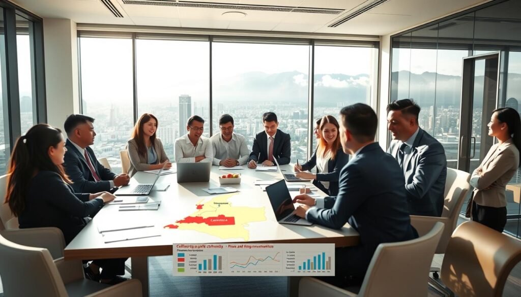 A professional office setting depicting a Colombian public procurement meeting. In the foreground, a diverse group of well-dressed individuals, including both men and women, engaged in discussion around a large conference table filled with documents and laptops. The middle ground features a map of Colombia and graphs illustrating efficiency and transparency metrics related to procurement. In the background, large windows let in natural light, highlighting the cityscape of Bogotá, with majestic mountains in the distance. The atmosphere conveys a sense of collaboration and focus, reflecting the seriousness of public contracts. Use bright, inviting lighting to create an optimistic mood. Capture the scene from a slightly elevated angle, showcasing the table’s activity and the participants’ expressions.