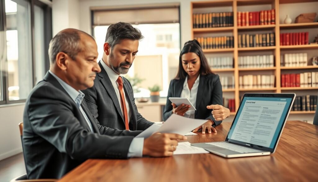 A professional office setting depicting a diverse group of business people engaged in the process of terminating a residential lease contract. In the foreground, a middle-aged Hispanic man in a suit is reviewing documents on a wooden table, with a serious yet focused expression. Beside him, a young Black woman wearing professional attire is taking notes, while a Caucasian man is gesturing toward a laptop displaying a lease document. The middle ground features a large window allowing soft, natural light to illuminate the room, enhancing a calm and productive atmosphere. In the background, shelves filled with books and legal texts create a professional ambiance. The image conveys teamwork and professionalism in legal matters related to housing contracts, with a warm color palette to evoke a sense of guidance and support.