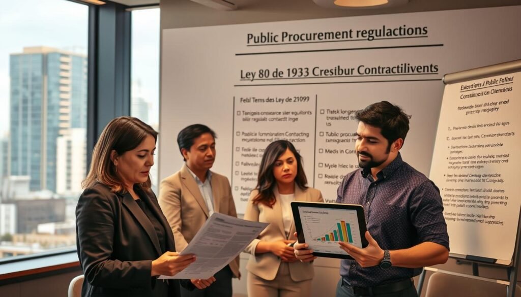 A professional office setting depicting a diverse group of people engaged in a discussion about public procurement regulations. In the foreground, a middle-aged Colombian woman in business attire examines a document, with a focused expression. To her right, a young Colombian man holds a tablet, displaying graphs and charts related to government contracting. The background features a large window with natural light filtering in, showing a cityscape with modern buildings, emphasizing the urban context of Colombia. Warm lighting creates an inviting atmosphere, while a large whiteboard displays key legal terms and articles related to the Constitution and Ley 80 de 1993. The image should convey a sense of professionalism, collaboration, and the importance of regulatory compliance in public contracting.