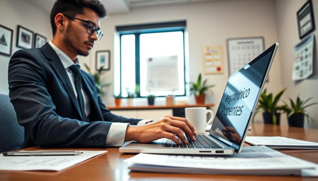 A professional office setting depicting a focused individual, wearing smart business attire, sitting at a desk with a laptop and paperwork labeled "Registro Único Proponentes". In the foreground, close-up of the individual's hands typing on the laptop keyboard, surrounded by stationery and a coffee mug. In the middle ground, a bright window allows natural light to filter through, illuminating a wall with framed certificates and a calendar marked with important dates. The background features a calm, organized office environment with plants and subtle decorative elements, conveying a mood of productivity and professionalism. Soft lighting creates an inviting atmosphere, emphasizing clarity and focus. A professional office setting depicting a focused individual, wearing smart business attire, sitting at a desk with a laptop and paperwork labeled "Registro Único Proponentes". In the foreground, close-up of the individual's hands typing on the laptop keyboard, surrounded by stationery and a coffee mug. In the middle ground, a bright window allows natural light to filter through, illuminating a wall with framed certificates and a calendar marked with important dates. The background features a calm, organized office environment with plants and subtle decorative elements, conveying a mood of productivity and professionalism. Soft lighting creates an inviting atmosphere, emphasizing clarity and focus.