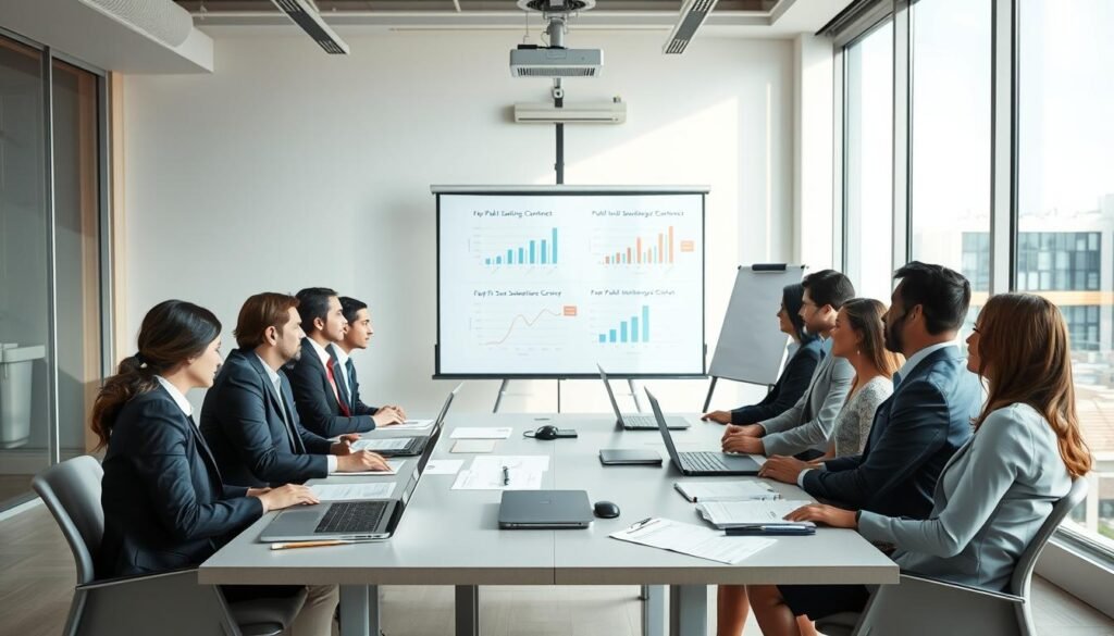 A professional office setting depicting a group of business people analyzing a public sanitation service contract. In the foreground, a diverse team engaged in discussion, dressed in smart business attire, around a large conference table filled with documents and laptops. The middle ground features a whiteboard with notes and a projector displaying graphs related to the sanitation service process. In the background, large windows allow natural light to illuminate the room, creating a clear and focused atmosphere. The image conveys collaboration and professionalism, emphasizing teamwork in the public bidding process for sanitation services in Colombia. The lighting is bright and inviting, symbolizing clarity in business dealings.