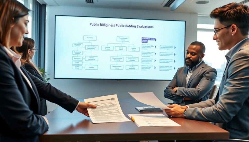 A professional office setting depicting a group of four diverse individuals engaged in a discussion about public bidding evaluations. In the foreground, a confident woman in a navy suit points to a detailed document on a table, illustrating budget calculations. Next to her, a man in a grey suit reviews a contractual agreement. The middle ground features a large screen displaying a flowchart outlining key evaluation criteria such as duration and requirements. In the background, a modern office with large windows lets in soft natural light, creating a bright and focused atmosphere. The scene conveys a sense of collaboration and professionalism, suitable for a strategic planning discussion. A professional office setting depicting a group of four diverse individuals engaged in a discussion about public bidding evaluations. In the foreground, a confident woman in a navy suit points to a detailed document on a table, illustrating budget calculations. Next to her, a man in a grey suit reviews a contractual agreement. The middle ground features a large screen displaying a flowchart outlining key evaluation criteria such as duration and requirements. In the background, a modern office with large windows lets in soft natural light, creating a bright and focused atmosphere. The scene conveys a sense of collaboration and professionalism, suitable for a strategic planning discussion.