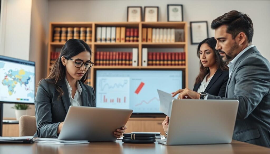 A professional office setting depicting a team of diverse business professionals engaged in a collaborative meeting about SECOP services. In the foreground, a focused woman in professional business attire is analyzing documents on a laptop, while a man beside her points at a digital tablet displaying data analytics. In the middle ground, a large screen shows visual representations of government contract opportunities with graphs and maps. In the background, shelves filled with law books and certificates emphasize expertise. Soft, warm lighting creates a productive atmosphere, enhancing the sense of collaboration and focus. The scene should convey a sense of professionalism and determination, ideal for illustrating insights into effective strategies for managing public bidding opportunities in Colombia. A professional office setting depicting a team of diverse business professionals engaged in a collaborative meeting about SECOP services. In the foreground, a focused woman in professional business attire is analyzing documents on a laptop, while a man beside her points at a digital tablet displaying data analytics. In the middle ground, a large screen shows visual representations of government contract opportunities with graphs and maps. In the background, shelves filled with law books and certificates emphasize expertise. Soft, warm lighting creates a productive atmosphere, enhancing the sense of collaboration and focus. The scene should convey a sense of professionalism and determination, ideal for illustrating insights into effective strategies for managing public bidding opportunities in Colombia.