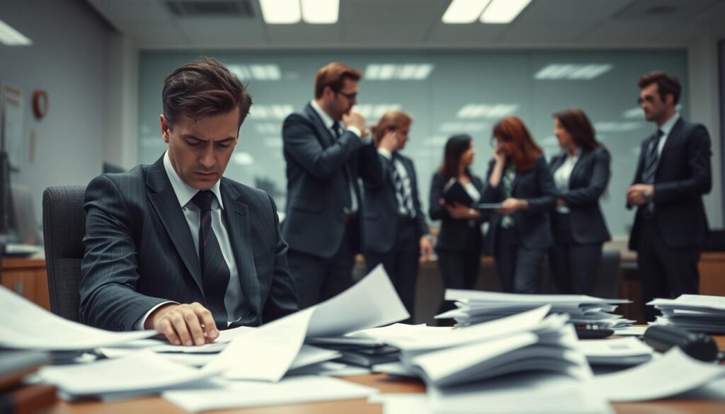 A professional office setting depicting "mobbing" or workplace harassment. In the foreground, a visibly distressed employee in smart business attire sits at a desk cluttered with papers, looking anxious and overwhelmed. The middle ground features indifferent coworkers, who are whispering and exchanging judgmental glances, creating an atmosphere of isolation and tension. In the background, soft fluorescent lighting casts a cold glow, accentuating a sense of severity and discomfort. The overall mood is somber and oppressive, capturing the emotional impact of workplace bullying. Use a slightly blurred depth of field to emphasize the stressed employee while keeping the surrounding figures and environment relevant yet unobtrusive.