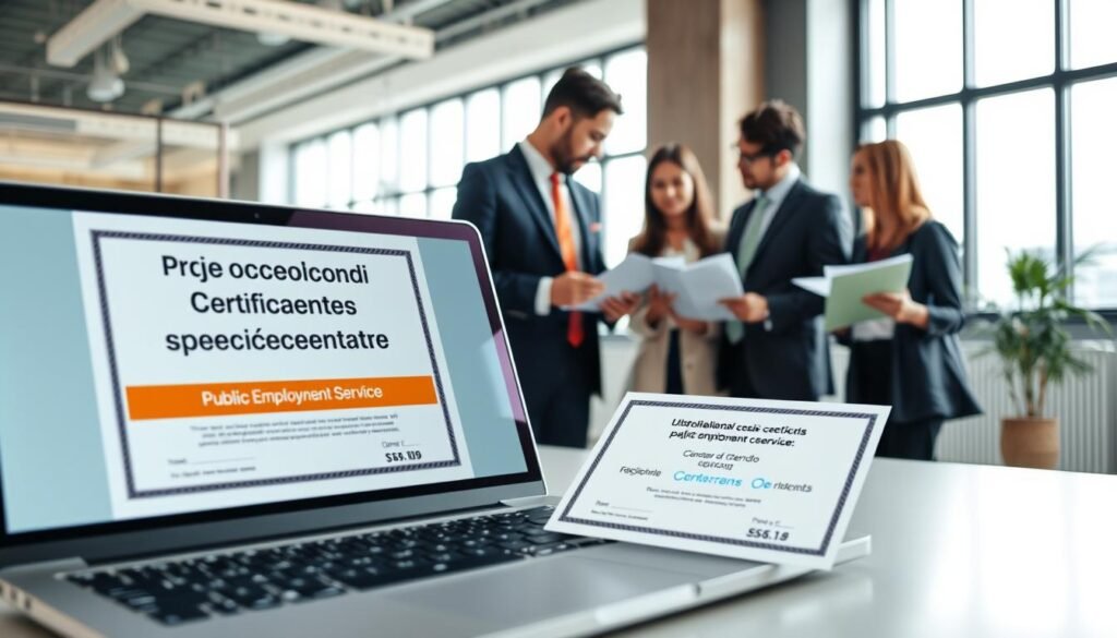 A professional office setting depicting the concept of "mecanismo protección cesante." In the foreground, a laptop displays a digital certificate, symbolizing the public employment service, with a focus on its importance in job protection. In the middle ground, a diverse group of three individuals in professional business attire—two men and one woman—engage in a collaborative discussion, exchanging ideas and documents about employment strategies. The background features a bright, modern office environment with large windows allowing natural light to flood the space, creating a warm and inviting atmosphere. The camera angle is slightly elevated, capturing both the certificate and the engaged group, highlighting themes of support and community in times of unemployment. The mood is encouraging and optimistic, emphasizing cooperation and professional growth.