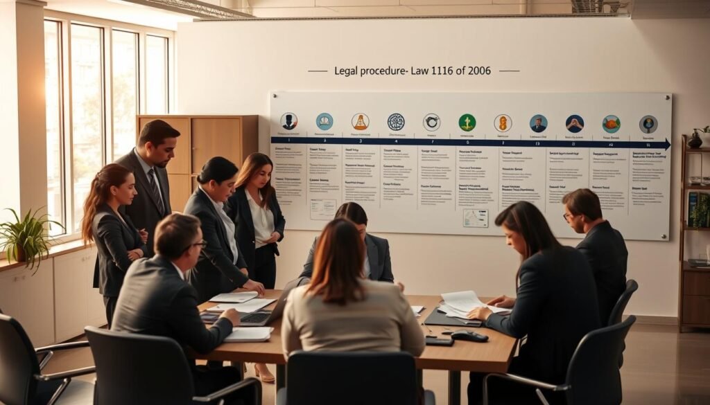 A professional office setting depicting the legal process in Colombia, focusing on the stages of the legal procedure under Law 1116 of 2006. In the foreground, a diverse group of professionals in business attire (men and women) collaborate around a large table, analyzing documents and discussing strategies. In the middle ground, a well-organized filing cabinet and a wall-mounted timeline showcasing the stages of the legal process, with visual symbols for each stage. The background shows a bright, modern office with large windows allowing natural light to pour in, symbolizing transparency and clarity. The atmosphere is focused and serious, reflecting the importance of legal proceedings, while the lighting is warm, creating an inviting yet professional ambiance. A professional office setting depicting the legal process in Colombia, focusing on the stages of the legal procedure under Law 1116 of 2006. In the foreground, a diverse group of professionals in business attire (men and women) collaborate around a large table, analyzing documents and discussing strategies. In the middle ground, a well-organized filing cabinet and a wall-mounted timeline showcasing the stages of the legal process, with visual symbols for each stage. The background shows a bright, modern office with large windows allowing natural light to pour in, symbolizing transparency and clarity. The atmosphere is focused and serious, reflecting the importance of legal proceedings, while the lighting is warm, creating an inviting yet professional ambiance.