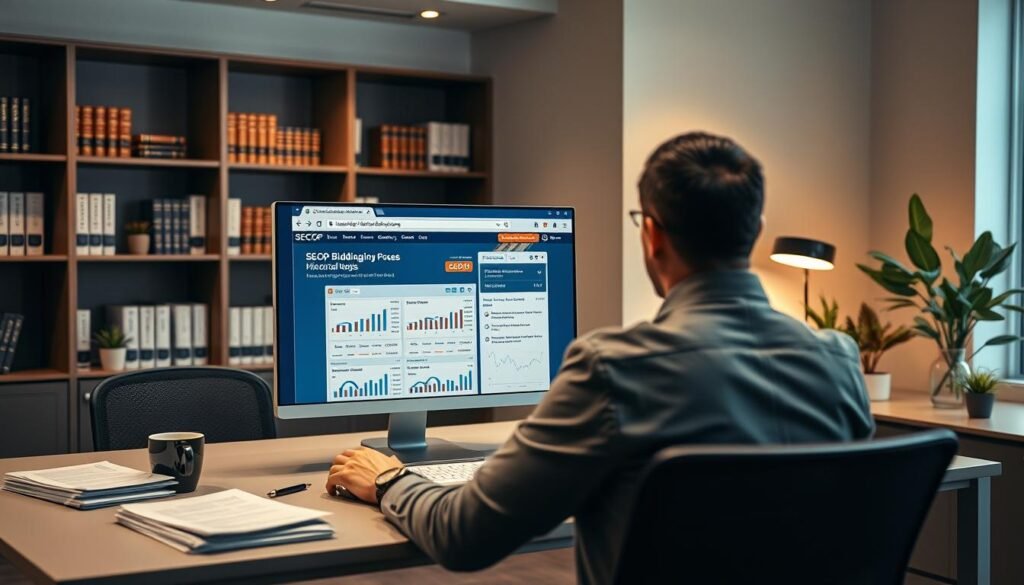 A professional office setting displaying a person seated at a modern desk, focused on their laptop screen, which shows a detailed webpage filled with data and graphs related to SECOP bidding processes. The foreground features neatly organized documents and a coffee cup, adding a touch of realism. In the middle ground, a large monitor displays the SECOP website interface, highlighting historical bidding information. The background includes bookshelves filled with legal and business texts, subtle potted plants, and soft ambient lighting that creates a calm and productive atmosphere. The overall mood is one of efficiency and clarity, with warm tones enhancing a sense of professionalism. The image is taken from a slightly elevated angle, showcasing the workspace and subject in focus without distractions. A professional office setting displaying a person seated at a modern desk, focused on their laptop screen, which shows a detailed webpage filled with data and graphs related to SECOP bidding processes. The foreground features neatly organized documents and a coffee cup, adding a touch of realism. In the middle ground, a large monitor displays the SECOP website interface, highlighting historical bidding information. The background includes bookshelves filled with legal and business texts, subtle potted plants, and soft ambient lighting that creates a calm and productive atmosphere. The overall mood is one of efficiency and clarity, with warm tones enhancing a sense of professionalism. The image is taken from a slightly elevated angle, showcasing the workspace and subject in focus without distractions.