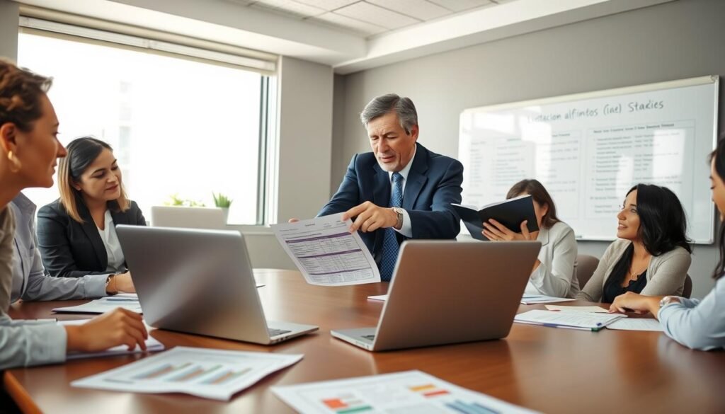 A professional office setting featuring a diverse group of business people gathered around a boardroom table, discussing "licitacion alimentos." The foreground shows documents and a laptop open with charts related to food quality standards and bidding requirements. In the middle, a middle-aged man in a suit points at a document while a young woman in business casual attire takes notes, both engaging and focused. The background displays a whiteboard with written standards and a large window letting in natural light, enhancing the atmosphere of collaboration and professionalism. The mood is serious yet optimistic, emphasizing preparation and teamwork in the bidding process for food contracts.