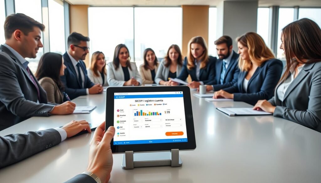 A professional office setting featuring a diverse group of individuals, all dressed in business attire, gathered around a large conference table examining a digital tablet displaying the "SECOP II registro cuenta" interface. The foreground includes the tablet showing a user-friendly registration form with colorful graphs and icons that suggest functionality. In the middle ground, people are engaged in discussion, one pointing at the screen, while others take notes. The background features a large window revealing a cityscape, letting in natural light that creates a bright, focused atmosphere, enhancing the mood of collaboration and learning. The scene should embody professionalism and accessibility, emphasizing the supportive nature of entering state contracts. A professional office setting featuring a diverse group of individuals, all dressed in business attire, gathered around a large conference table examining a digital tablet displaying the "SECOP II registro cuenta" interface. The foreground includes the tablet showing a user-friendly registration form with colorful graphs and icons that suggest functionality. In the middle ground, people are engaged in discussion, one pointing at the screen, while others take notes. The background features a large window revealing a cityscape, letting in natural light that creates a bright, focused atmosphere, enhancing the mood of collaboration and learning. The scene should embody professionalism and accessibility, emphasizing the supportive nature of entering state contracts.