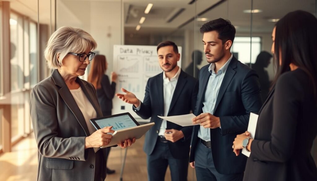 A professional office setting featuring a diverse group of individuals discussing data privacy. In the foreground, a mature woman in a smart business suit is examining a large tablet displaying graphical data. In the middle, a young man in a blazer gestures towards a whiteboard filled with charts and key phrases about data access and protection. The background shows glass partitions with blurred silhouettes of people engaged in discussions, emphasizing confidentiality. Soft, warm lighting creates a welcoming atmosphere, while a slight lens blur on the edges focuses attention on the characters. The image captures a serious yet collaborative mood, representing the importance of understanding data rights. A professional office setting featuring a diverse group of individuals discussing data privacy. In the foreground, a mature woman in a smart business suit is examining a large tablet displaying graphical data. In the middle, a young man in a blazer gestures towards a whiteboard filled with charts and key phrases about data access and protection. The background shows glass partitions with blurred silhouettes of people engaged in discussions, emphasizing confidentiality. Soft, warm lighting creates a welcoming atmosphere, while a slight lens blur on the edges focuses attention on the characters. The image captures a serious yet collaborative mood, representing the importance of understanding data rights.