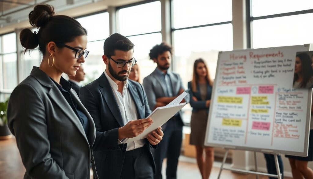 A professional office setting featuring a diverse group of individuals engaged in a discussion about hiring requirements. In the foreground, a focused woman in smart business attire is reviewing a checklist, while a man beside her examines a laptop with documents spread out. The middle ground displays a whiteboard filled with key points and criteria for job offers, highlighted in vibrant colors. In the background, large windows allow natural light to flood the room, creating a warm and inviting atmosphere. The overall mood is collaborative and serious, conveying an ambiance of professionalism and determination. Soft shadows and a slight depth of field focus on the group, emphasizing their concentration and teamwork in evaluating job proposals.