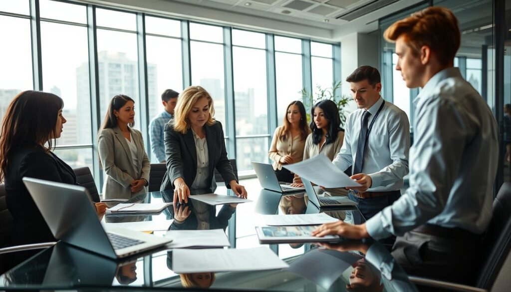 A professional office setting featuring a diverse group of individuals engaged in a discussion about public information access. In the foreground, a middle-aged woman, dressed in a smart blouse and blazer, points at a document on the table, while a young man, in a neat shirt and tie, listens intently. The middle ground shows a glass conference table with laptops and papers spread out, reflecting a collaborative atmosphere. In the background, large windows allow natural light to pour in, creating a bright, inviting environment with cityscape views. The mood is focused and serious, emphasizing the importance of transparency and public accountability. Use a wide-angle lens to capture the entire scene, ensuring all details are clear and professional. A professional office setting featuring a diverse group of individuals engaged in a discussion about public information access. In the foreground, a middle-aged woman, dressed in a smart blouse and blazer, points at a document on the table, while a young man, in a neat shirt and tie, listens intently. The middle ground shows a glass conference table with laptops and papers spread out, reflecting a collaborative atmosphere. In the background, large windows allow natural light to pour in, creating a bright, inviting environment with cityscape views. The mood is focused and serious, emphasizing the importance of transparency and public accountability. Use a wide-angle lens to capture the entire scene, ensuring all details are clear and professional.