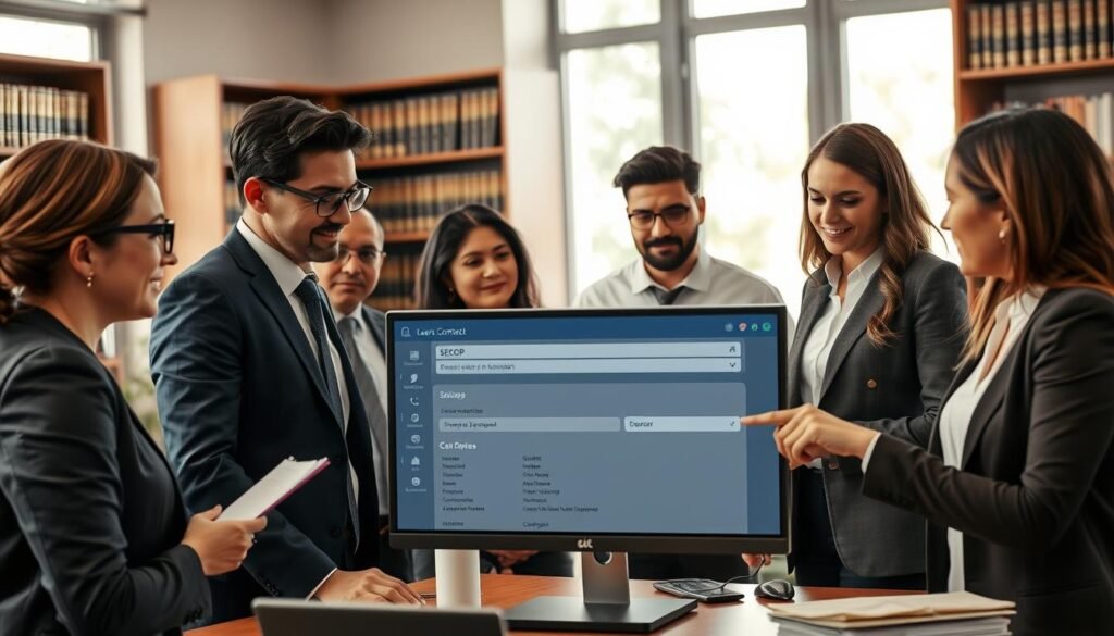 A professional office setting featuring a diverse group of individuals engaged in a focused discussion around a computer displaying the SECOP Portal for contracting in Colombia. In the foreground, two people in business attire—one wearing glasses and taking notes, the other pointing at the screen—convey a sense of collaboration and strategy. In the middle, the computer monitor exhibits clear visual filters and search criteria, highlighting the theme of precise searches through the portal. The background shows bookshelves filled with legal texts and documents, contributing to the professional atmosphere. Soft, natural lighting streams in through large windows, creating an inviting environment. The image captures an engaging and productive mood, emphasizing teamwork and precision in the process of contracting.