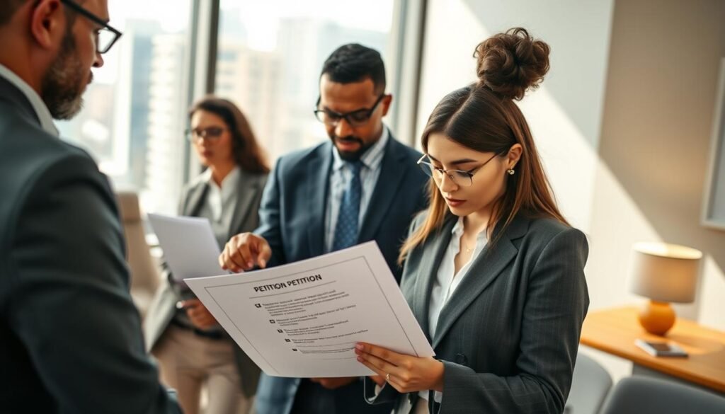 A professional office setting featuring a diverse group of people engaged in a discussion. In the foreground, a woman in business attire is reviewing a formal petition document, focused and determined. In the middle ground, a man is standing beside her, pointing at a checklist of requirements for submitting a valid petition. The atmosphere is collaborative and serious. In the background, a large window reveals a busy cityscape, with soft, natural light streaming in, creating a warm, inviting ambiance. The lens captures the scene with a slight depth of field, blurring the background slightly to emphasize the urgent task at hand, conveying a sense of purpose and professionalism. A professional office setting featuring a diverse group of people engaged in a discussion. In the foreground, a woman in business attire is reviewing a formal petition document, focused and determined. In the middle ground, a man is standing beside her, pointing at a checklist of requirements for submitting a valid petition. The atmosphere is collaborative and serious. In the background, a large window reveals a busy cityscape, with soft, natural light streaming in, creating a warm, inviting ambiance. The lens captures the scene with a slight depth of field, blurring the background slightly to emphasize the urgent task at hand, conveying a sense of purpose and professionalism.