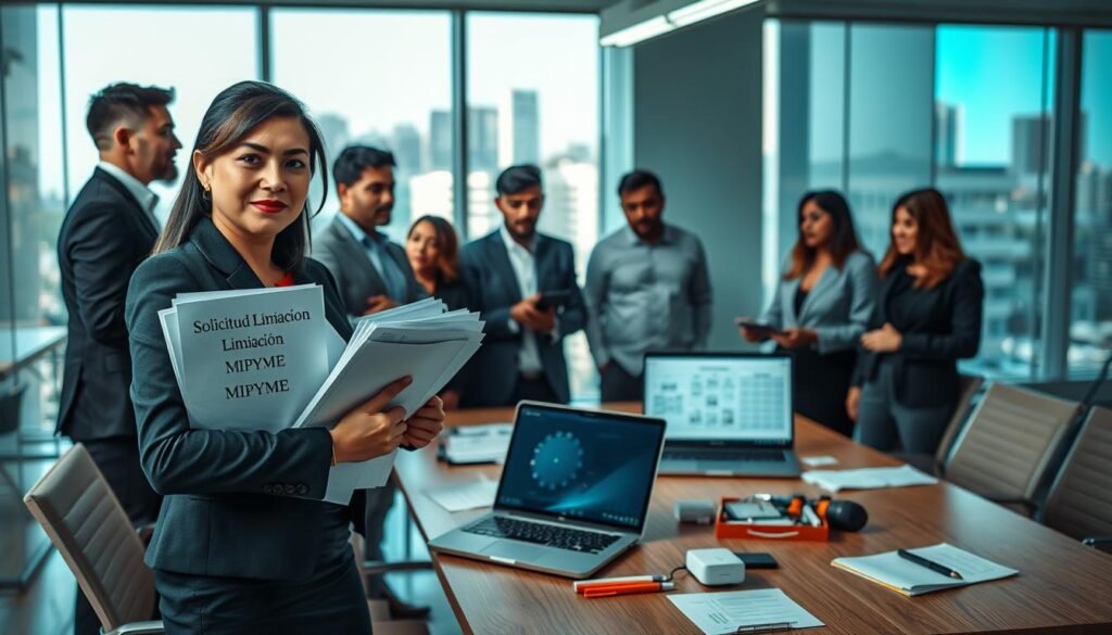 A professional office setting featuring a diverse group of small business owners engaged in a collaborative discussion. In the foreground, a confident woman in business attire holds a stack of documents labeled "Solicitud Limitación MIPYME," while a focused man gestures towards a laptop displaying a chart on government procurement. The middle ground shows a modern conference table surrounded by papers and office supplies, with a bright light source illuminating the space, suggesting a productive atmosphere. In the background, large windows let in natural light, highlighting the urban landscape outside. The overall mood is one of determination and diligence as the group seeks to navigate the complexities of securing limited bids for their micro, small, and medium-sized enterprises (MIPYME).