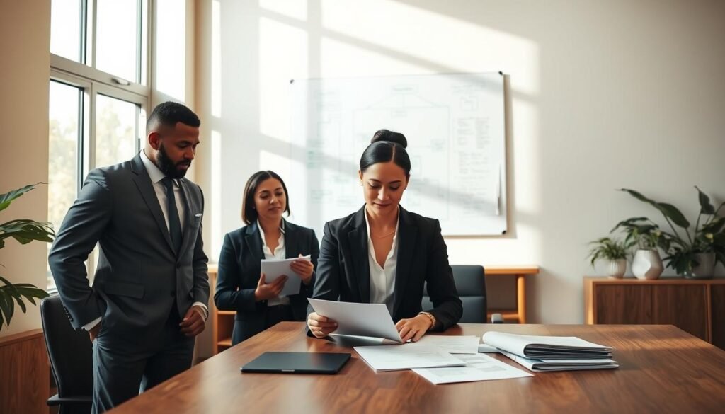 A professional office setting featuring a diverse group of three businesspeople (two men and one woman) preparing contracts for a government bidding process. In the foreground, the woman is reviewing documents on a sleek wooden table, while the men discuss strategies. They are dressed in smart business attire. In the middle background, a whiteboard filled with flowcharts and notes highlights the bidding process. Natural light floods the room through large windows, casting soft shadows. The atmosphere is focused and collaborative, emphasizing teamwork and professionalism. The color palette is warm, with earthy tones that create an inviting yet serious mood.