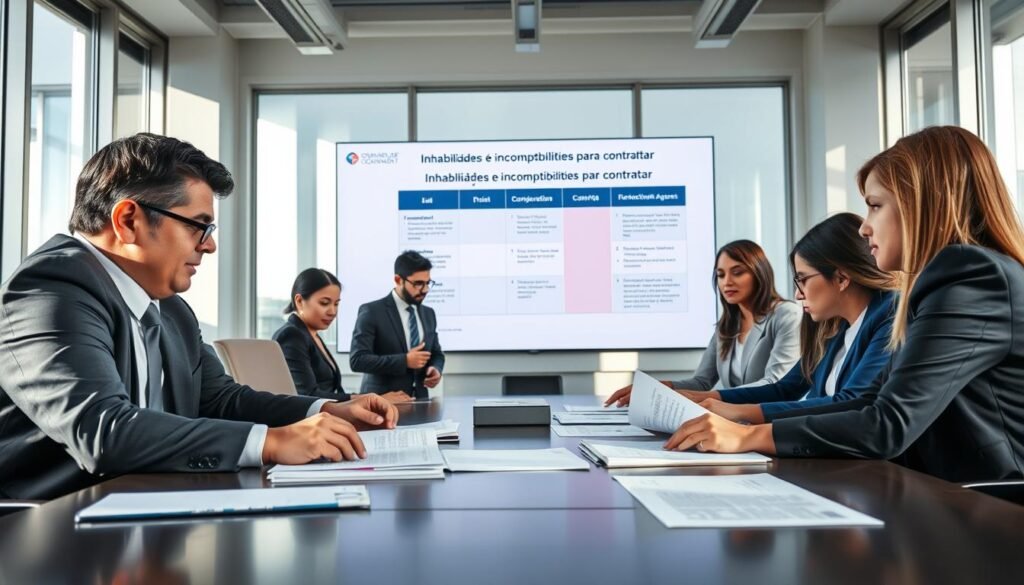 A professional office setting, featuring a group of businesspeople engaged in a serious discussion around a conference table. In the foreground, a diverse group of professionals in formal business attire, including a middle-aged Hispanic man, a young Black woman, and a Caucasian woman, are examining financial documents and contracts, highlighting aspects of state contracting in Colombia. In the middle, a large chart displaying "Inhabilidades e incompatibilidades para contratar" is visible on a screen, illustrating key risks. The background showcases a modern office space with natural light streaming through tall windows, casting soft shadows to create a focused atmosphere. Capture this scene from an eye-level angle, emphasizing collaboration and the importance of ethical considerations in government contracting.
