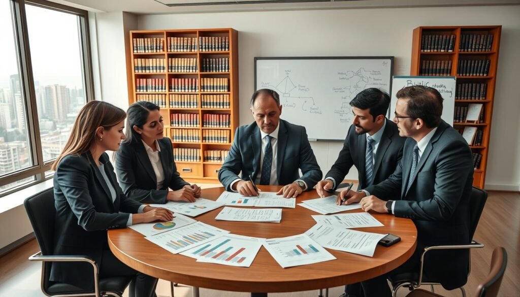 A professional office setting featuring a round table with legal documents, graphs, and charts related to public contracting modalities in Colombia. In the foreground, a diverse group of three business professionals in smart attire—one woman and two men—are engaged in discussion, analyzing the documents with focused expressions. The middle ground has a large window revealing a cityscape of Bogotá, adding context to the scene. In the background, bookshelves filled with law books and a whiteboard with brainstorming notes contribute to a scholarly atmosphere. The lighting is natural and soft, creating a warm and collaborative mood, with a slight depth of field to emphasize the characters and table in the foreground.