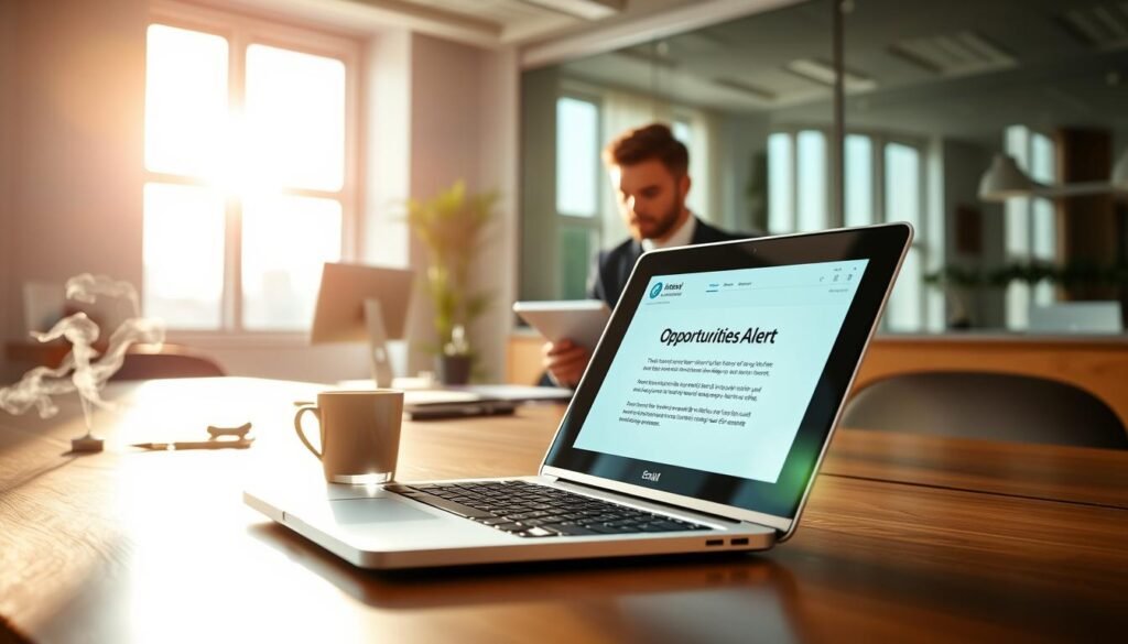 A professional office setting filled with light, showcasing a neatly organized workspace. In the foreground, a laptop is open, displaying an email with the subject line “Opportunities Alert,” vibrant and clear. Next to the laptop, a cup of coffee emits steam, adding warmth to the scene. In the middle ground, a business professional in smart attire, focused and engaged, is seated at the desk, checking their email on a tablet. The background features a window with bright daylight streaming in and a view of an urban skyline, conveying a sense of opportunity and success. The overall mood is one of productivity and alertness, highlighting the importance of receiving notifications and managing communications effectively.
