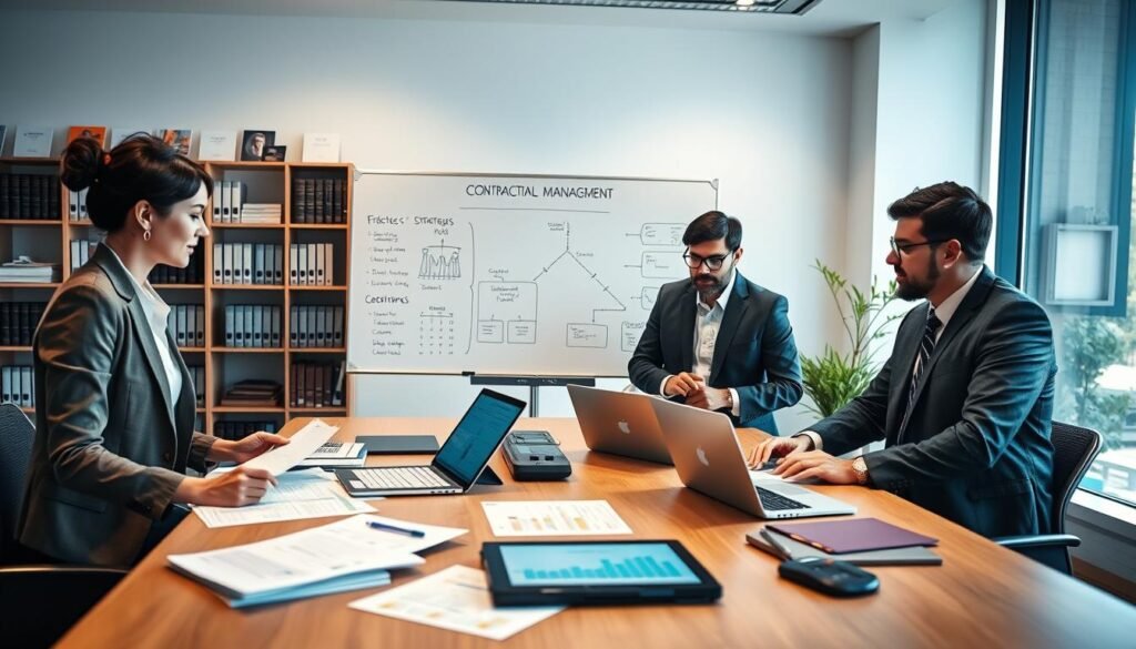 A professional office setting focused on contractual management. In the foreground, a diverse group of three individuals in business attire, including a woman in a blazer and two men in smart suits, are collaborating around a large conference table filled with documents, laptops, and a digital tablet showing graphs. In the middle, a whiteboard with strategic notes and flowcharts highlights key steps in the contractual process. The background features shelves filled with legal books and a large window allowing soft natural light to filter in, casting a warm glow over the scene. The atmosphere is focused and professional, conveying a sense of teamwork and preparation, captured from a slight angle to provide depth and context. A professional office setting focused on contractual management. In the foreground, a diverse group of three individuals in business attire, including a woman in a blazer and two men in smart suits, are collaborating around a large conference table filled with documents, laptops, and a digital tablet showing graphs. In the middle, a whiteboard with strategic notes and flowcharts highlights key steps in the contractual process. The background features shelves filled with legal books and a large window allowing soft natural light to filter in, casting a warm glow over the scene. The atmosphere is focused and professional, conveying a sense of teamwork and preparation, captured from a slight angle to provide depth and context.