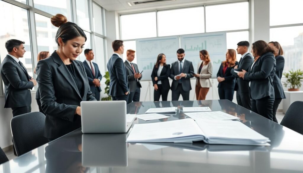 A professional office setting focused on public bidding opportunities in Colombia. In the foreground, a confident businesswoman in a tailored suit examines proposals and documents on a sleek table, with a laptop open beside her. A diverse group of professionals, dressed in formal business attire, engages in discussion around her. In the middle ground, a large whiteboard displays charts and graphs related to bidding strategies. The background features large windows allowing natural light to flood the room, giving a bright and optimistic feel. The atmosphere is collaborative and focused, suitable for serious discussions about winning bids. Use a wide-angle lens to capture the depth of the room, emphasizing engagement and teamwork. A professional office setting focused on public bidding opportunities in Colombia. In the foreground, a confident businesswoman in a tailored suit examines proposals and documents on a sleek table, with a laptop open beside her. A diverse group of professionals, dressed in formal business attire, engages in discussion around her. In the middle ground, a large whiteboard displays charts and graphs related to bidding strategies. The background features large windows allowing natural light to flood the room, giving a bright and optimistic feel. The atmosphere is collaborative and focused, suitable for serious discussions about winning bids. Use a wide-angle lens to capture the depth of the room, emphasizing engagement and teamwork.