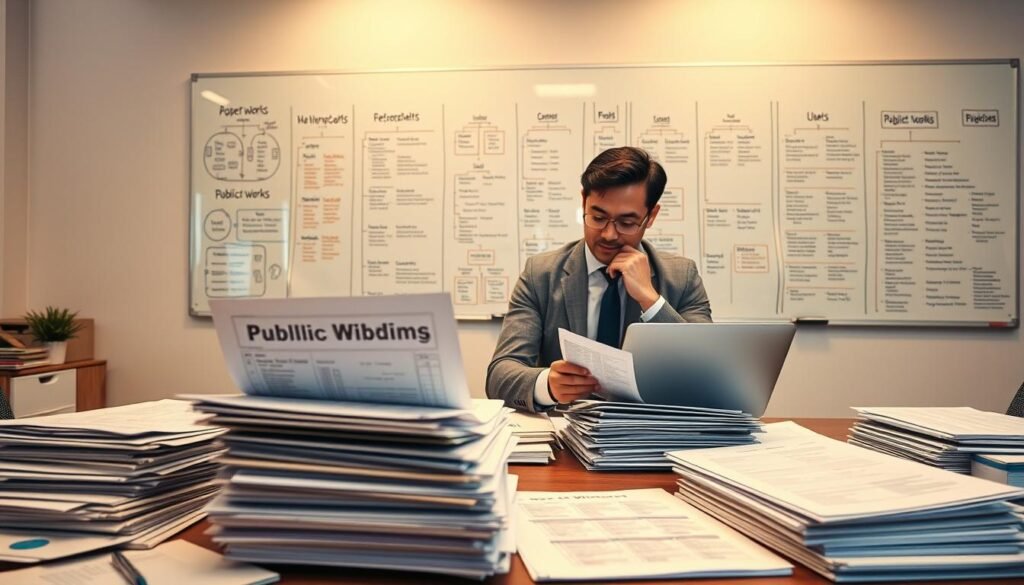 A professional office setting focused on public works bidding requirements. In the foreground, a detailed table stacked with essential documents such as forms, checklists, and project plans, all organized neatly. A laptop displays a spreadsheet related to bidding. In the middle, a business person dressed in professional attire examines the documents thoughtfully, with a focused expression. In the background, a large whiteboard filled with flowcharts and timelines related to public works projects, softly illuminated by warm overhead lighting. The atmosphere is one of concentration and diligence, with a hint of urgency as the individual prepares for upcoming bids, emphasizing organization and clarity in the public contracting process.