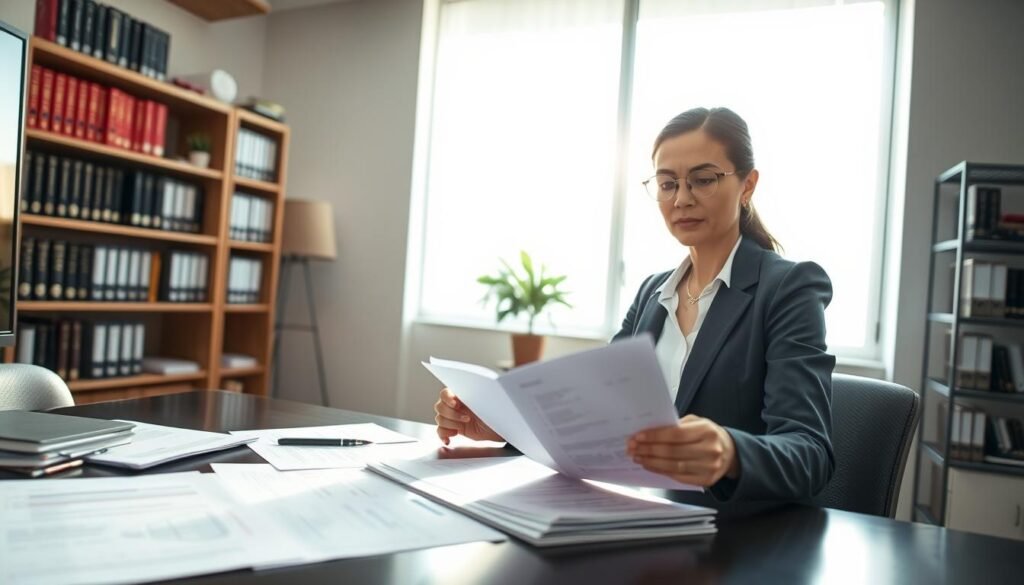 A professional office setting focused on the essentials of bidding requirements in Colombia. In the foreground, a well-organized desk with documents clearly displaying checklists and criteria for bidding. A businesswoman, dressed in professional attire, reviews these papers, her expression focused and determined. The middle ground features a large window letting in soft, natural light, casting an inspiring glow over the scene. In the background, shelves filled with books on business and government regulations, hinting at preparation and research. The atmosphere is one of ambition and clarity, emphasizing readiness to engage in the bidding process for government contracts. The angle captures the desk and the woman from a slight overhead perspective, enhancing depth and professionalism. A professional office setting focused on the essentials of bidding requirements in Colombia. In the foreground, a well-organized desk with documents clearly displaying checklists and criteria for bidding. A businesswoman, dressed in professional attire, reviews these papers, her expression focused and determined. The middle ground features a large window letting in soft, natural light, casting an inspiring glow over the scene. In the background, shelves filled with books on business and government regulations, hinting at preparation and research. The atmosphere is one of ambition and clarity, emphasizing readiness to engage in the bidding process for government contracts. The angle captures the desk and the woman from a slight overhead perspective, enhancing depth and professionalism.