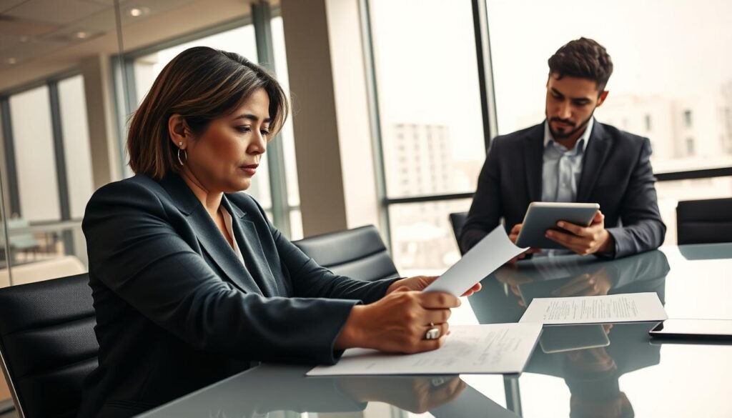 A professional office setting focusing on public procurement, prominently featuring diverse business professionals engaged in discussion. In the foreground, a middle-aged Colombian woman in a tailored business suit is reviewing documents at a sleek conference table. To her right, a young Colombian man in a smart, casual attire is taking notes on a digital tablet, showing the collaborative aspect of public contract discussion. The background showcases a large window with city views, allowing natural light to flood the room, enhancing the atmosphere of transparency and professionalism. The color palette includes warm tones to create an inviting yet serious mood, reflecting the importance of the "publicidad" principle in procurement processes. The composition is shot from a low angle, giving a sense of importance to the meeting. A professional office setting focusing on public procurement, prominently featuring diverse business professionals engaged in discussion. In the foreground, a middle-aged Colombian woman in a tailored business suit is reviewing documents at a sleek conference table. To her right, a young Colombian man in a smart, casual attire is taking notes on a digital tablet, showing the collaborative aspect of public contract discussion. The background showcases a large window with city views, allowing natural light to flood the room, enhancing the atmosphere of transparency and professionalism. The color palette includes warm tones to create an inviting yet serious mood, reflecting the importance of the "publicidad" principle in procurement processes. The composition is shot from a low angle, giving a sense of importance to the meeting.