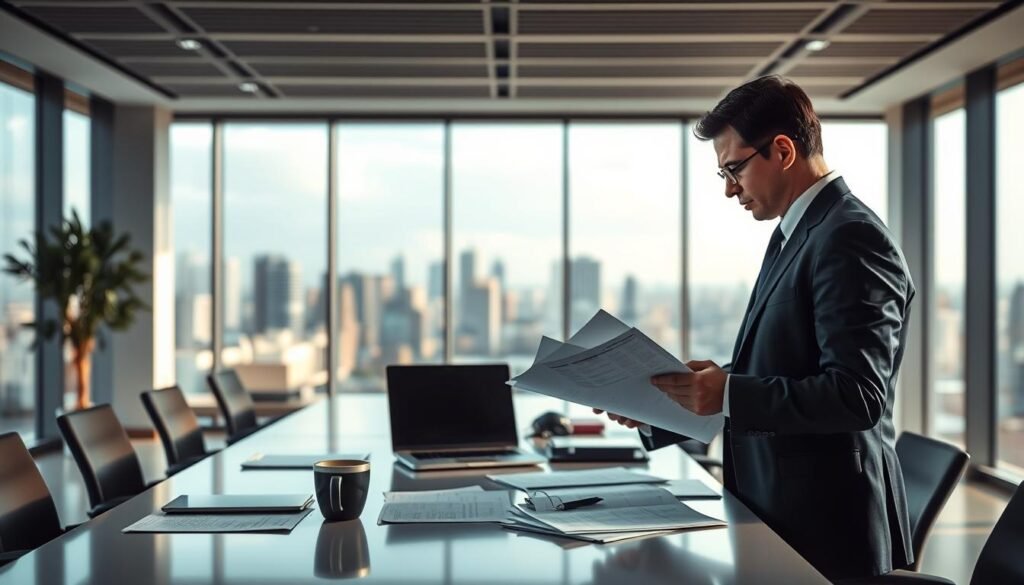A professional office setting focusing on the concept of public bidding requirements in Colombia. In the foreground, a businessperson in professional attire, intently reviewing documents and checklists, symbolizing public tender qualifications. The middle ground features a large, modern conference table with laptops, papers, and a coffee cup, creating an atmosphere of focus and determination. In the background, a large window shows a cityscape of Bogotá, with soft natural lighting illuminating the room, enhancing a mood of professionalism and clarity. The image captures the essence of meticulous preparation and verification processes for public bidding requirements, illustrating diligence before proposal submission. A professional office setting focusing on the concept of public bidding requirements in Colombia. In the foreground, a businessperson in professional attire, intently reviewing documents and checklists, symbolizing public tender qualifications. The middle ground features a large, modern conference table with laptops, papers, and a coffee cup, creating an atmosphere of focus and determination. In the background, a large window shows a cityscape of Bogotá, with soft natural lighting illuminating the room, enhancing a mood of professionalism and clarity. The image captures the essence of meticulous preparation and verification processes for public bidding requirements, illustrating diligence before proposal submission.
