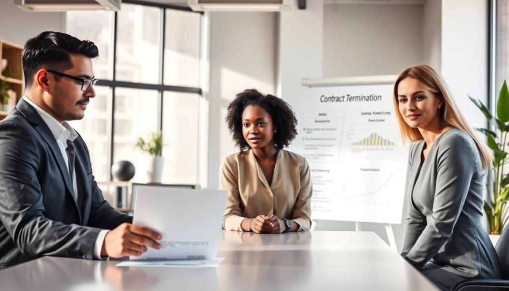 A professional office setting illuminated by soft, natural light filtering through large windows. In the foreground, a diverse group of three business professionals—a Latino man in a tailored suit, a Black woman in a smart blouse, and a Caucasian woman in a professional dress—are seated around a conference table, discussing a document labeled "Contract Termination." Their expressions are focused and collaborative, emphasizing the idea of mutual agreement. In the middle ground, a large whiteboard displays key points related to contract termination, with charts and graphs. The background captures a modern office with bookshelves and plants, creating a professional yet inviting atmosphere. The image conveys a mood of cooperation and resolution, highlighting the importance of mutual consent in contractual agreements.