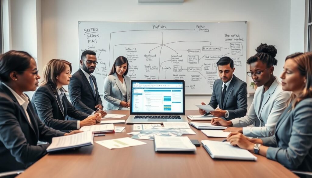 A professional office setting illustrating common mistakes in the SECOP 2 proposal process. In the foreground, a diverse group of businesspeople of varying ethnicities, dressed in professional business attire, engaged in a serious discussion with documents and laptops open, showcasing expressions of concern and focus, indicating the gravity of their errors. In the middle, a large table covered with papers, charts, and a laptop displaying the SECOP 2 interface. Behind them, a whiteboard filled with diagrams highlighting common errors in a flowchart style. Soft, ambient lighting creates a thoughtful atmosphere, with a slight focus depth to emphasize the group and their work. The image captures the essence of clear communication and the challenges faced when presenting offers in SECOP 2.