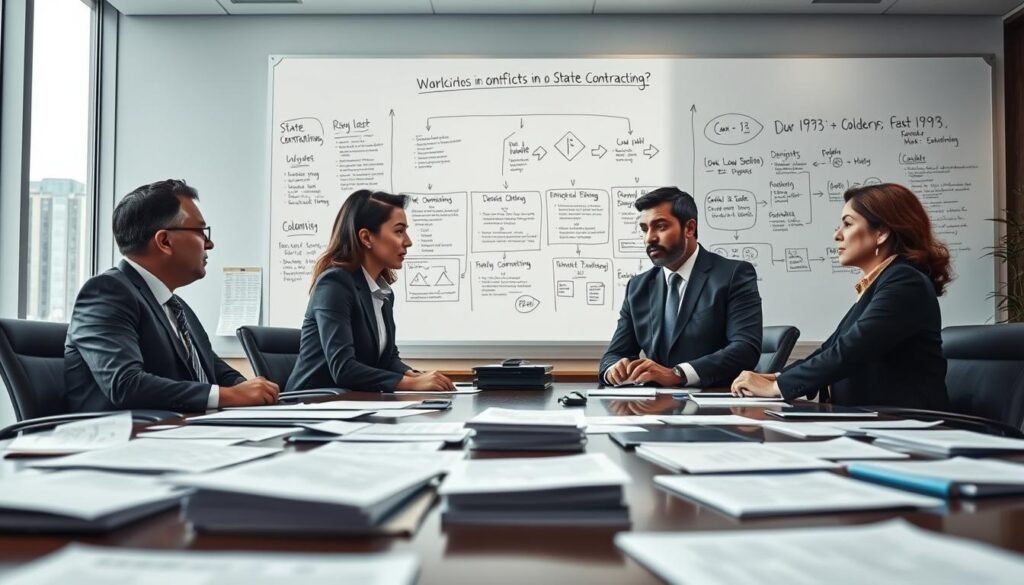 A professional office setting illustrating conflicts in public contracting in Colombia. In the foreground, a diverse group of four business professionals, dressed in formal business attire, engage in a serious discussion around a large conference table scattered with contracts and legal documents. The middle ground features a large window revealing a cityscape, hinting at the corporate and governmental context. In the background, a whiteboard filled with flowcharts and graphs relevant to state contracting is visible, symbolizing ongoing debates and interpretations under Law 80 of 1993. Soft, diffused lighting creates a focused yet tense atmosphere, while a shallow depth of field emphasizes the deep engagement of the professionals in the foreground. The camera angle is slightly elevated, capturing the dynamics of the conversation.