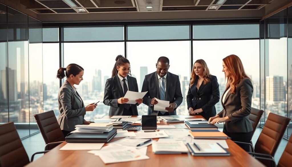 A professional office setting illustrating the concept of an "oferente" in contract bidding. In the foreground, a diverse group of three business professionals in formal attire, including an Asian woman, a Black man, and a Caucasian woman, are gathered around a table, examining documents and discussing strategies. The middle ground features a modern conference table cluttered with papers, a laptop, and a notepad, showcasing an environment of active collaboration. In the background, a large window reveals a city skyline, bathed in warm, natural light, enhancing the atmosphere of optimism and professionalism. The image should have a balanced composition with soft focus on the background, emphasizing the foreground action while capturing the seriousness of the bidding process. A professional office setting illustrating the concept of an "oferente" in contract bidding. In the foreground, a diverse group of three business professionals in formal attire, including an Asian woman, a Black man, and a Caucasian woman, are gathered around a table, examining documents and discussing strategies. The middle ground features a modern conference table cluttered with papers, a laptop, and a notepad, showcasing an environment of active collaboration. In the background, a large window reveals a city skyline, bathed in warm, natural light, enhancing the atmosphere of optimism and professionalism. The image should have a balanced composition with soft focus on the background, emphasizing the foreground action while capturing the seriousness of the bidding process.