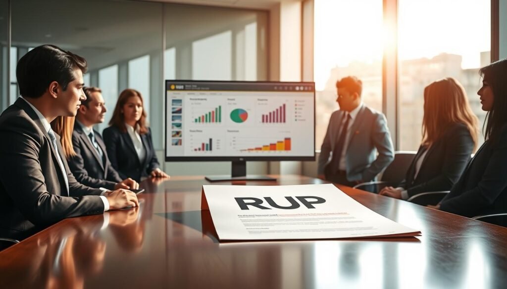 A professional office setting illustrating the concept of "registro único proponentes" (RUP) in Colombia. In the foreground, a diverse group of individuals in smart business attire actively discussing a large document titled "RUP" placed on a polished conference table. In the middle ground, a sophisticated computer monitor displays a digital interface of the RUP system, with graphs and charts illustrating success metrics. The background features large windows letting in natural light, casting a warm, focused glow over the scene, enhancing the sense of professionalism and ambition. The overall atmosphere is one of collaboration and determination, signifying a journey towards accreditation and success in state contracting. A professional office setting illustrating the concept of "registro único proponentes" (RUP) in Colombia. In the foreground, a diverse group of individuals in smart business attire actively discussing a large document titled "RUP" placed on a polished conference table. In the middle ground, a sophisticated computer monitor displays a digital interface of the RUP system, with graphs and charts illustrating success metrics. The background features large windows letting in natural light, casting a warm, focused glow over the scene, enhancing the sense of professionalism and ambition. The overall atmosphere is one of collaboration and determination, signifying a journey towards accreditation and success in state contracting.