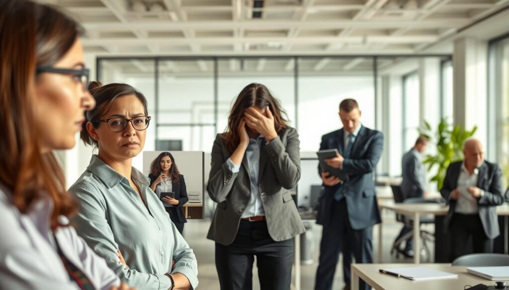 A professional office setting illustrating the concept of workplace harassment versus a labor conflict. In the foreground, a group of three diverse professionals, dressed in business attire, engage in a serious discussion, reflecting concern on their faces. In the middle ground, a split scene shows one employee visibly distressed while another offers support, contrasting with a separate group of colleagues arguing over workload issues, indicating a labor conflict. The background features an office with large windows allowing natural light to fill the space, creating a bright yet serious atmosphere. The focus should be sharp on the figures, with a slightly blurred background, emphasizing the emotional tension in the foreground while maintaining a professional tone throughout.