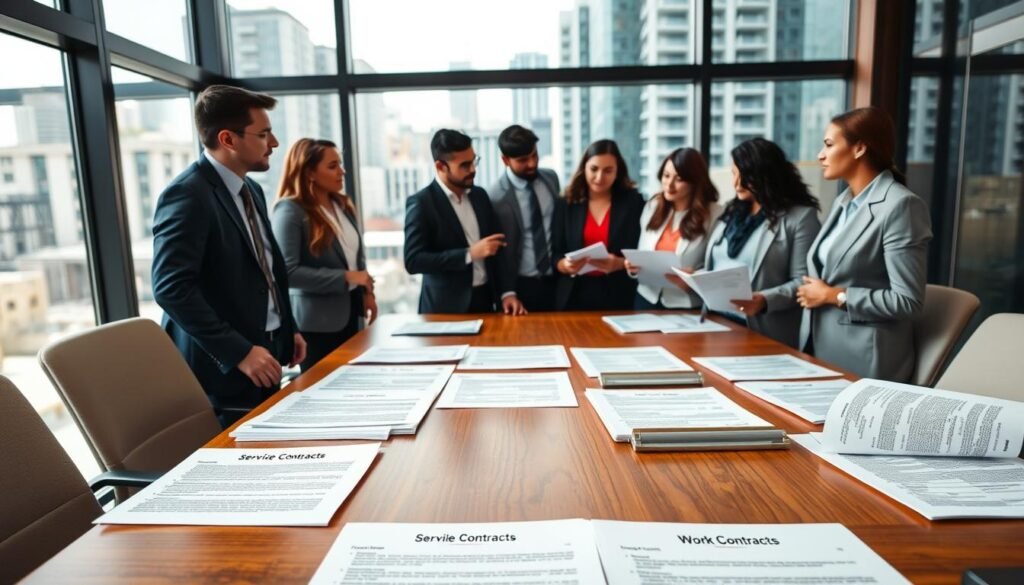 A professional office setting illustrating various types of contracts commonly found in public sector bidding in Colombia. In the foreground, a wooden conference table with neatly arranged documents and contracts, displaying distinct headings and tabs labeled 'Public Procurement,' 'Service Contracts,' 'Supply Contracts,' and 'Work Contracts.' In the middle ground, diverse professionals in business attire are engaged in collaborative discussion, some pointing at the documents. The background showcases a bustling city view through a large window, with natural light illuminating the scene, creating a productive atmosphere. The camera angle is slightly above eye-level, capturing the dynamic interaction amongst the team, conveying a sense of professionalism and focus on public procurement processes.