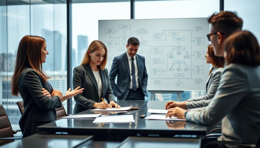 A professional office setting showcasing a diverse group of business people engaged in a discussion about public procurement regulations. In the foreground, two professionals, a woman in a smart suit and a man in formal attire, are analyzing legal documents and charts on a sleek conference table. The middle background features a large whiteboard filled with diagrams and flowcharts that represent the regulatory framework of public contracts. In the distance, through a glass window, a cityscape hints at the bustling economic environment outside. Soft, ambient lighting creates a focused yet inviting atmosphere, enhancing the mood of collaboration and professionalism. The scene is captured from a slightly elevated angle to provide depth and context.