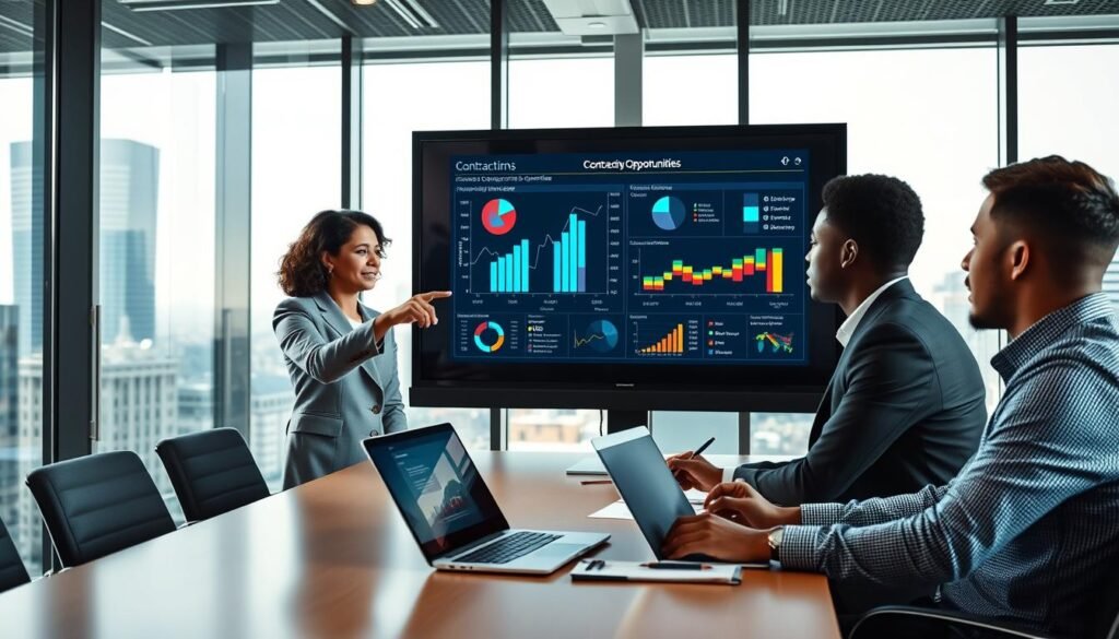 A professional office setting showcasing a diverse group of businesspeople analyzing data on a large digital screen. In the foreground, a middle-aged Hispanic woman in a smart business attire points at the screen, while a young Black man sits at a conference table with a laptop open, taking notes. The middle section illustrates the digital screen displaying graphs and charts related to contracting opportunities in Colombia. In the background, large windows illuminate the space with bright, natural light, providing a view of a bustling cityscape. The mood is focused and collaborative, emphasizing a modern work environment. Capture this scene with a wide-angle lens for an immersive perspective, ensuring clarity and vibrant colors throughout.