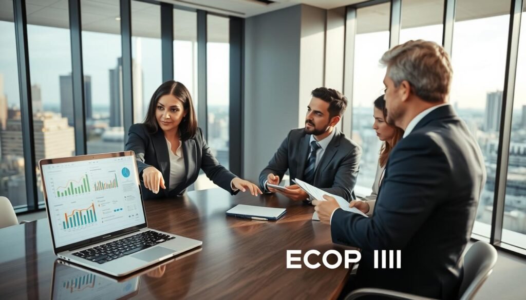A professional office setting showcasing a diverse group of four business professionals engaged in a discussion around a large table. In the foreground, a woman in a business suit points to a laptop screen displaying graphs and charts related to auditing and process control. In the middle, a man in formal attire shares insights while another colleague takes notes on a tablet. The background features a sleek, modern office with large windows showcasing a cityscape, indicative of progress and transparency. Soft, natural lighting fills the room, creating an atmosphere of collaboration and professionalism. The camera angle is slightly elevated, capturing the dynamic interaction among the team, emphasizing teamwork and expertise in SECOP II.