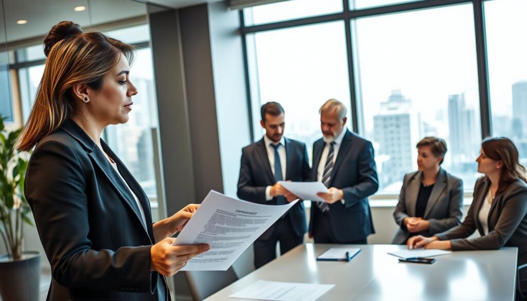A professional office setting showcasing a diverse group of individuals engaged in a contract execution meeting. In the foreground, a middle-aged Colombian businesswoman in formal attire confidently presents a contract document to the group. In the middle, two men, one young and one older, actively discuss details, while a woman takes notes at a nearby table. The background features a large window with city views, providing natural light that casts a warm glow over the room. The atmosphere is focused and collaborative, emphasizing strategic planning and execution in a corporate environment. Use a slightly elevated angle to capture the dynamics of the meeting, with soft, professional lighting enhancing the inviting ambiance.