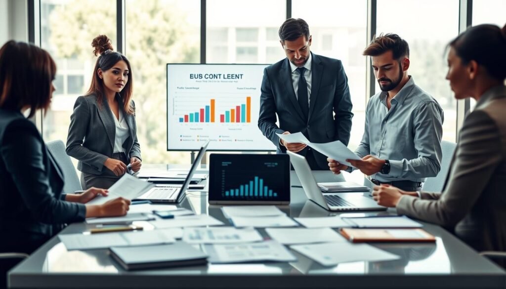 A professional office setting showcasing a diverse group of individuals engaged in a contract procurement meeting. In the foreground, three professionals—two women and one man—are reviewing documents with focused expressions, dressed in business attire that reflects a modern corporate atmosphere. The middle ground features a large conference table scattered with papers, laptops, and a digital presentation screen displaying graphs related to public procurement processes. In the background, large windows allow natural light to flood the room, enhancing the productive and collaborative mood. The atmosphere is dynamic yet serious, conveying the importance of learning about SECOP II and public contracting. The overall composition should feel organized and inspiring, emphasizing teamwork and professionalism in an educational context.