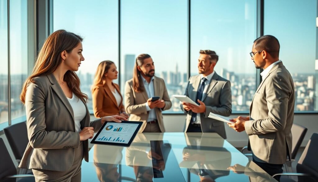 A professional office setting showcasing a group of diverse businesspeople engaged in a discussion about process management and auditing. In the foreground, a confident woman in smart business attire stands beside a sleek conference table, pointing at a tablet displaying graphs and data. In the middle ground, a thoughtful man, also in professional attire, gestures while sharing insights with colleagues who are attentively taking notes. The background features a large window revealing a cityscape, infused with natural daylight casting soft shadows across the space. The atmosphere conveys a sense of collaboration and focus, highlighting the importance of efficiency in selecting service providers within SECOP II. The lighting is bright and clear, emphasizing a productive work environment.